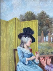 19th C. Victorian Painting Signed – Portrait Lady & Pretender – Antique Frame