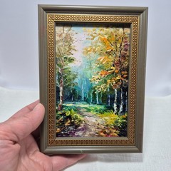 Original oil painting, signed and framed. Forest landscape with a road.4×6 inc