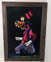 Vintage Goofy Black Velvet Painting Disney 1970s Blacklight Art Framed Signed **