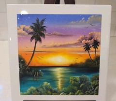 Tropical Sunset Palm Trees Tile Signed Art 8×8, 2000 Hand Painted
