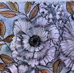 9”X12” Pamela Wilhelm Original Watercolor Ink Grey Gray Flowers Amber Leaves