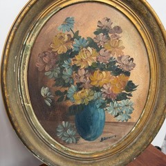 VTG Floral Paintings Edna Lewis Studios Pair Framed Hand Painted Oval Gold Frame