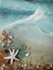 Contemporary Diptych Canvas Seascape Ocean Wave Painting Seashells Resine