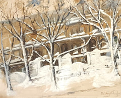 1940s LISTED AMERICAN KATHRYN TAYLOR SIGNED ORIG OIL CANVAS BROOKLYN BROWNSTONES
