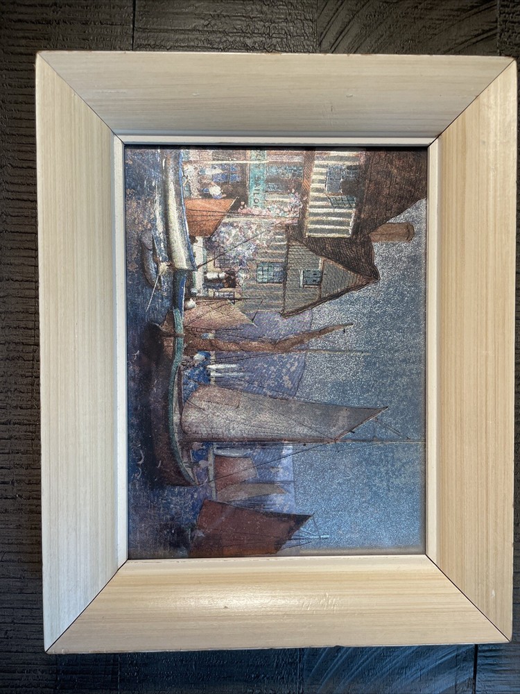 Shimmering Harbor & Sailboat Painting 10 In by 8 In Framed