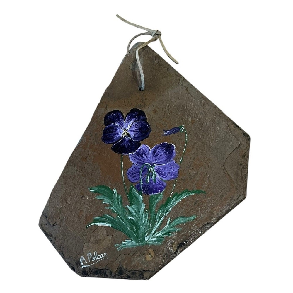 Painted Slate Violets Folk Art Signed By Artist B Polcar Rustic Cottagecore
