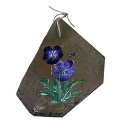 Painted Slate Violets Folk Art Signed By Artist B Polcar Rustic Cottagecore