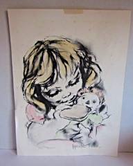 1970’s Signed Hyacinthe Kuller Girl with Sandwich and Doll Colored Lithograph