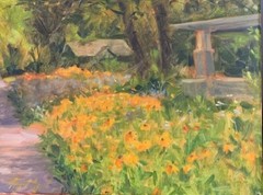 Yard w Yellow Wild Flowers oil on canvas 12×16 O/C Margaret Aycock un framed