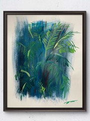 Blue Green Tropical Plants Abstract Acrylic Original Art 14×11 Paper
