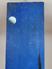 Nature Painting on Plywood Handmade Original 24″ x 4″ Trees Mountains Moon Sky