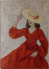Original Fine Art Painting – Classy Lady in Red Dress Sun Hat, 5x7inch On Canvas