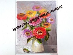 Original Oil Painting Zinnias in Vase Flowers Painting Garden Flowers Art 6x8in