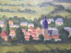 Oil painting village with church in front of hilly landscape with castle