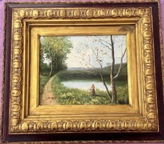 Pastoral Landscape Signed Oil Painting Serene Country Gold Gesso Frame 18×16