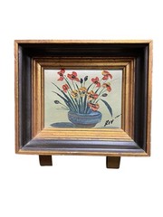 Vintage 1976 Signed Small Floral Still Life Oil Painting with Easel Stand 70’s