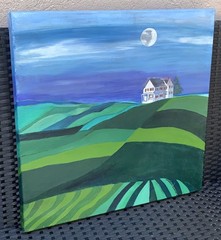 VTG White House Green Grass Rolling Hills Landscape Farms 20”Sq Canvas Signed