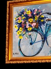 ORIGINAL Royal Pink Yellow Bluebonnet Floral Bouquet Basket Bicycle Oil Board Vt