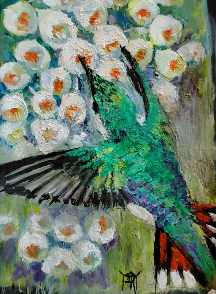 YARY DLUHOS Hummingbird Flower Wildlife Bird Garden Original Art Oil Painting