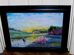 LARGE ORIGINAL Bluebonnet Landscape Barn Fence Heron Pond Blooming Tree Painting