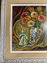 B Zoole „Still Life With Flowers And Statue Scene“ Oil Painting – Signed/Framed