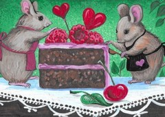 ACEO PRINT OF PAINTING RYTA VALENTINES DAY MOUSE MICE CHOCOLATE CAKE Folk Art 🌹