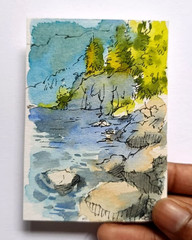 Original ACEO Watercolor Painting OOAK Pine Tree Lake Coastal Miniature Art
