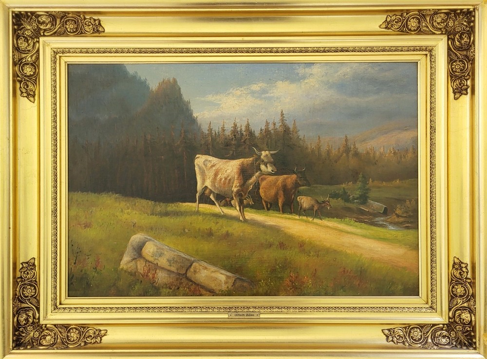 Antique oil. Wilhelm Zillen(1824-1870):”Alpine landscape with cattle and goats”