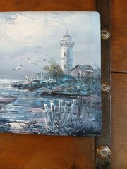 Lighthouse Everett Woodson 7.5″ x 9″ Oil Painting Seacoast Boat Gull Frameless