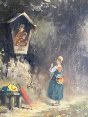 Praying Woman At Wayside Cross South German Catholic Church Antique Oil Signed