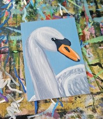 ACEO White Swan Mini Painting Original Bird Art Signed Acrylic Artwork