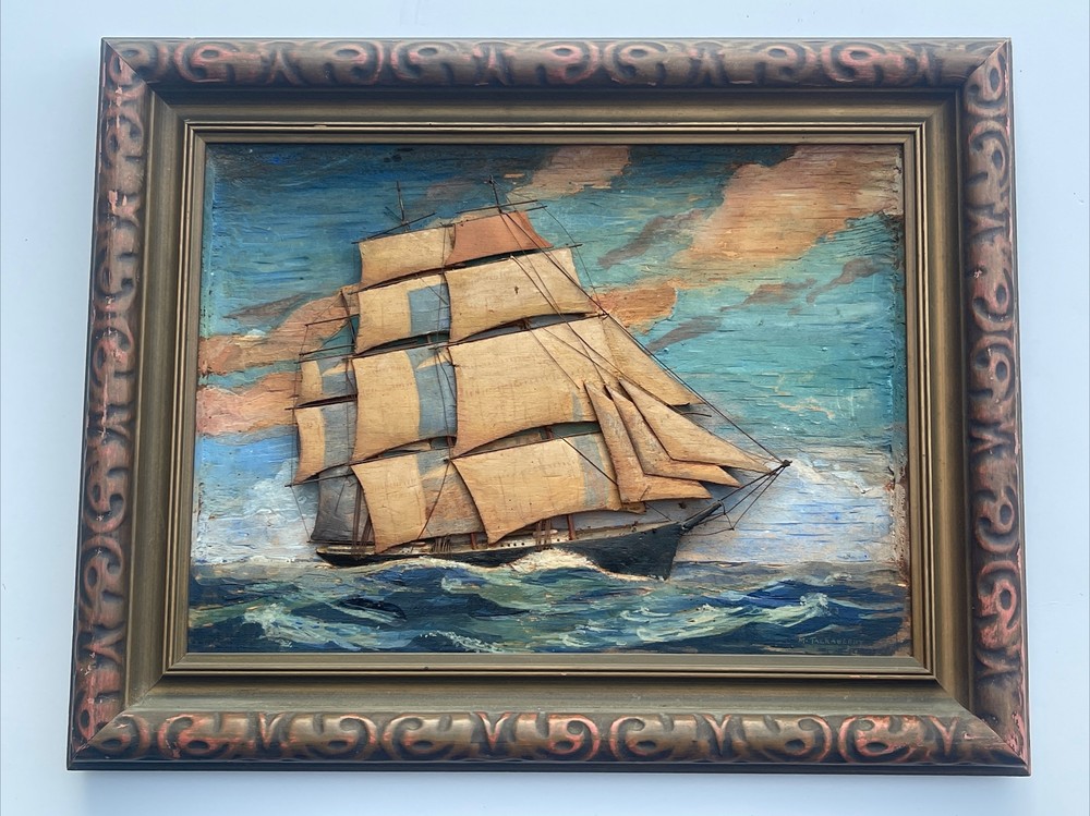 TACKABERRY ANTIQUE DIORAMA NAUTICAL PAINTING SCULPTURE WOOD CARVING SEATTLE OLD