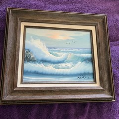 Vintage Canvas Painting Wood Frame morning light Waves Signed By Artist