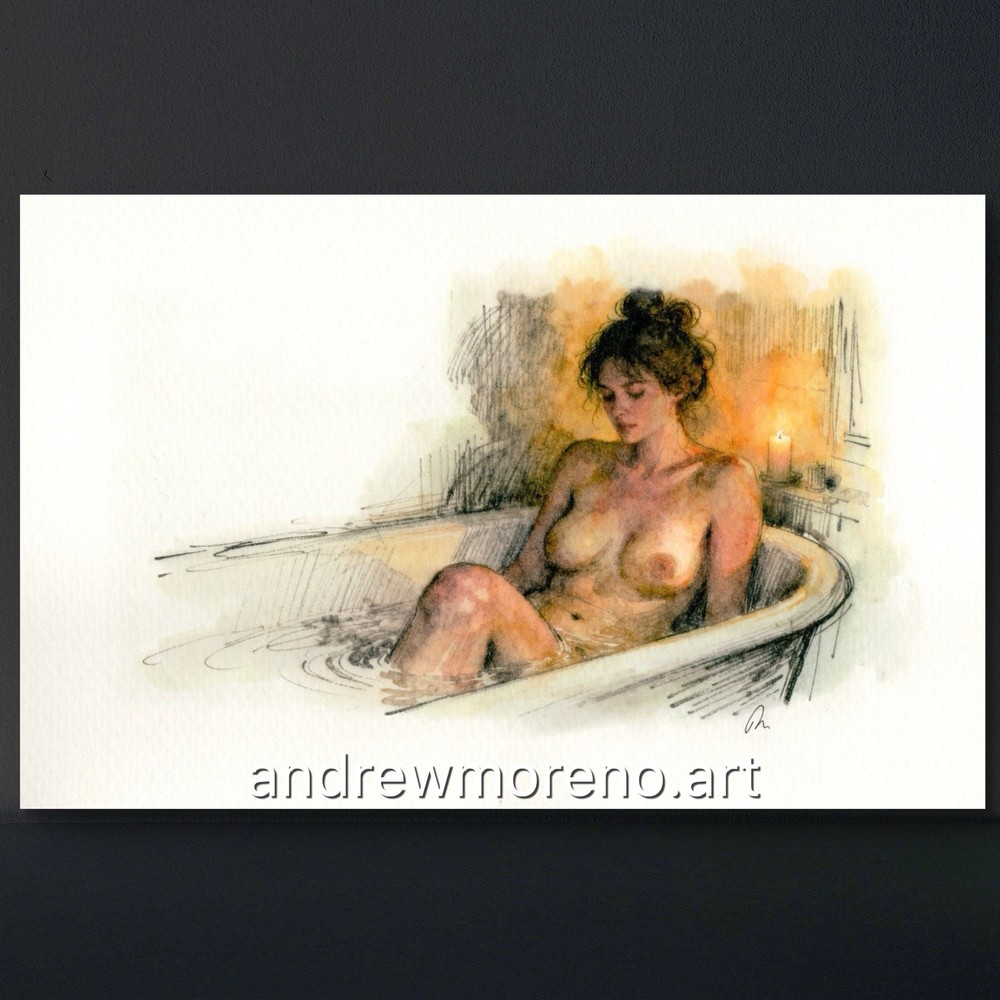 Original Nude Watercolor Female Bath Figure Study Candlelight 5.5×8.5 Signed