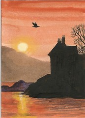 ACEO LANDSCAPE CROW RYTA PRINT OF PAINTING HALLOWEEN landscape haunted castle 🌗