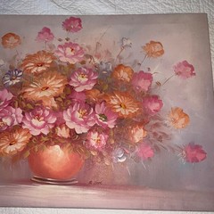Vintage modernist pink flower ROSES original art oil painting signed canvas