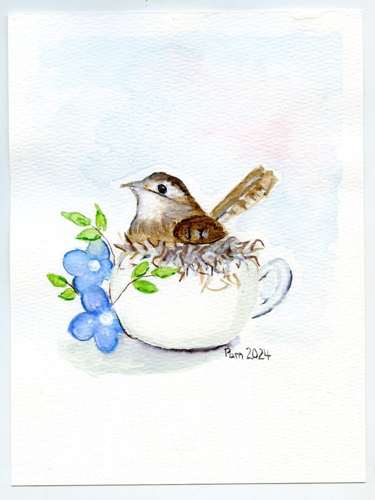 8″ Watercolor Painting Signed Pam Foster Cute Little Bird In Teacup Cabin Decor