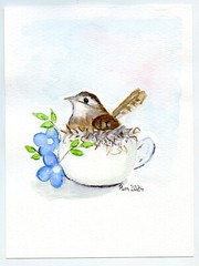 8″ Watercolor Painting Signed Pam Foster Cute Little Bird In Teacup Cabin Decor
