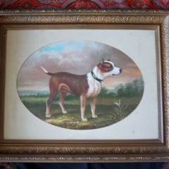 Antique Oil Portrait of Dog in Landscape Setting