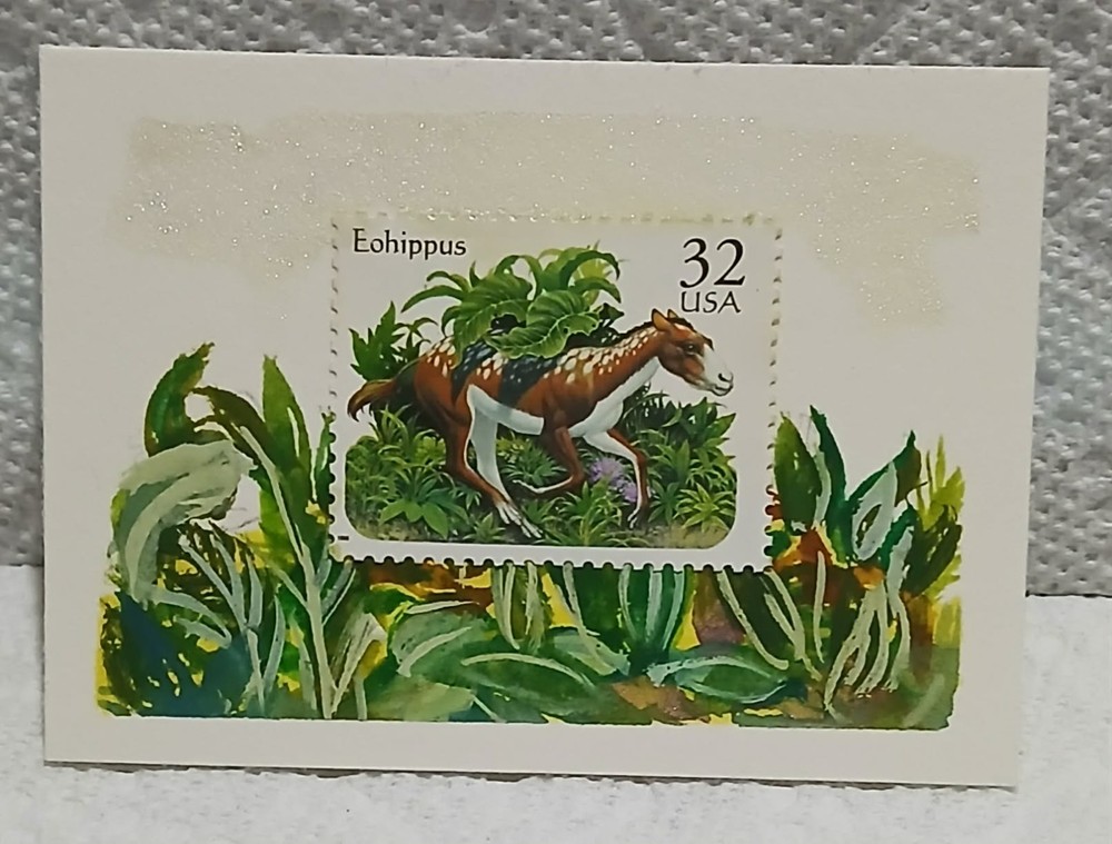 Postal Whimsy ACEO OOAK 32c Eohippus Stamp Prehistoric Forest Watercolor Art