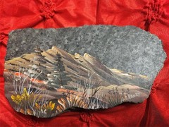 A.O. HENRY HAND PAINTED PAINTING ON STONE MOUNTAIN SCENE CUT ROCK GRANITE