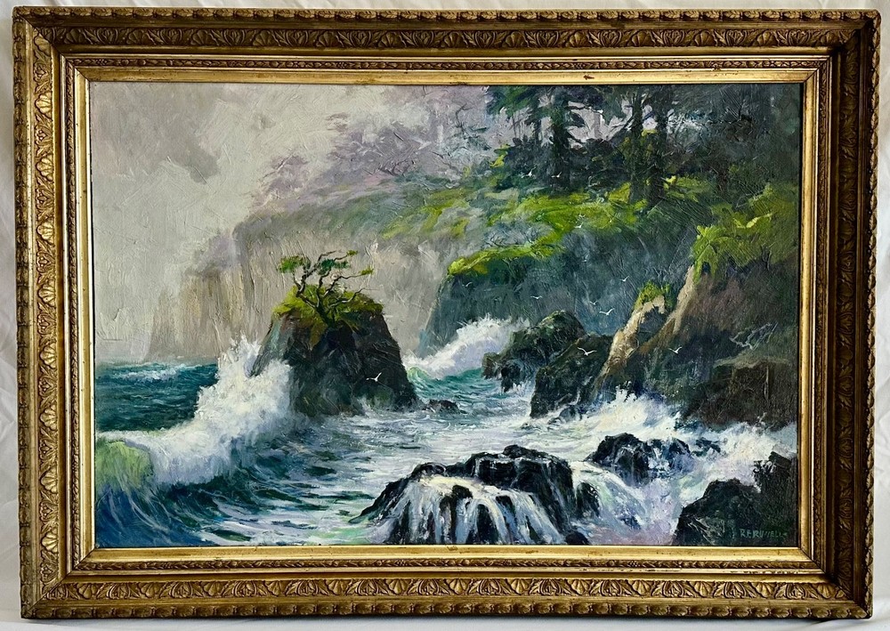 Large Robert E. Russell (Laguna Beach) Oil Painting – Big Sur Coast Seascape