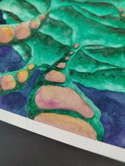 Original Abstract Cosmic Watercolor – Purple Core, Green Energy, 9.8×9.8 in