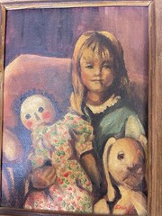 VTG 70s Oil Painting Portrait Girl rag Doll rabbit Child 5X7 framed Ena Hunt KS