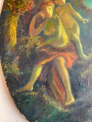 1850’s French Romantic Antique Oil Canvas – Allegory of Motherhood in Landscape