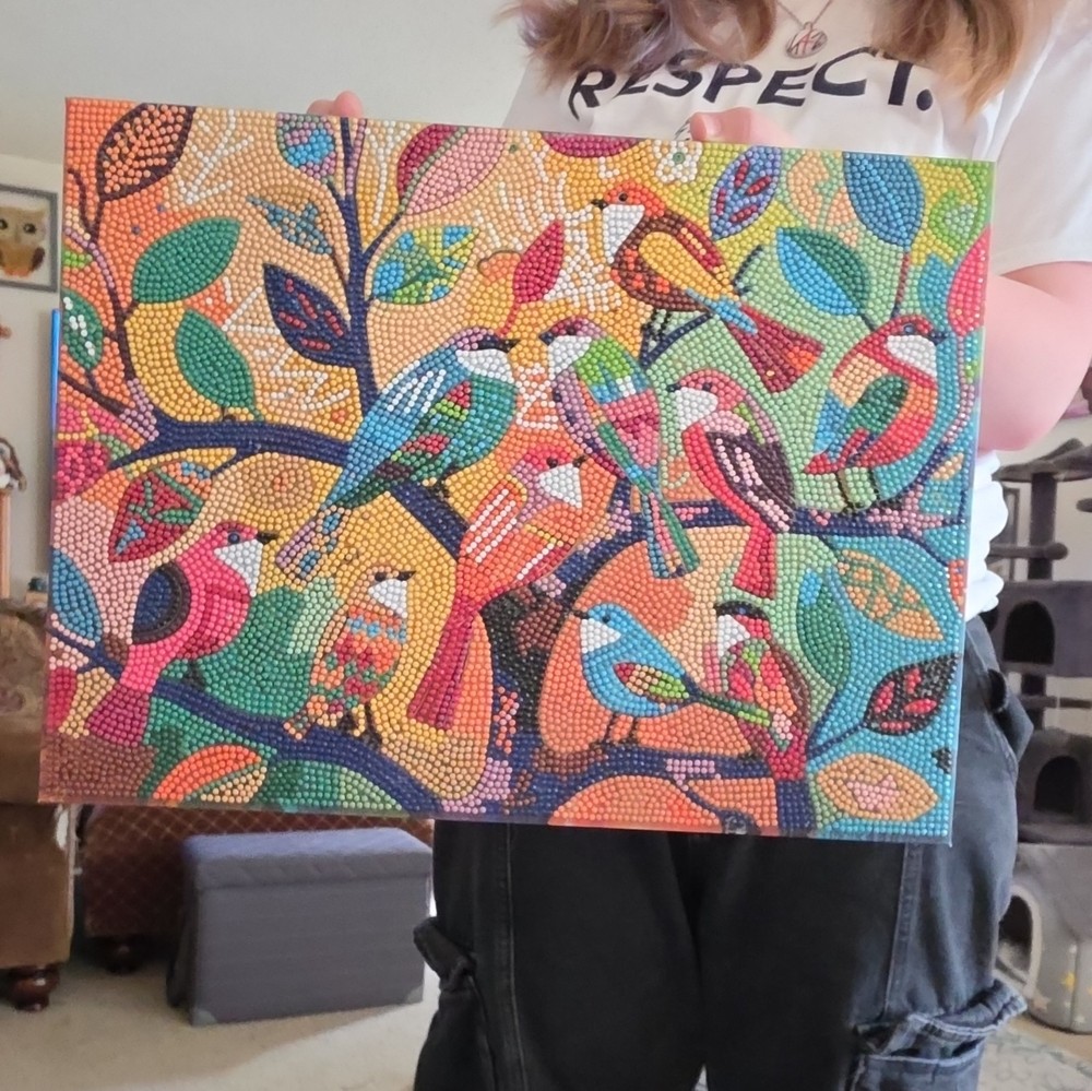 Abstract Textured Dot Painting on Canvas Birds Tree Leaves Unframed Single