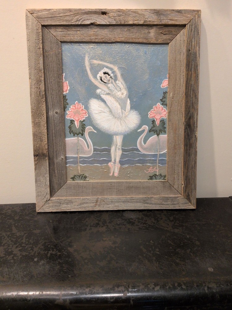 Vintage Hand-Painted Ballerina Swan Lake Oil Painting in Rustic Reclaimed…