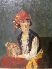 1930s Oil Painting On Board Portrait Gypsy Woman Musician * Kay Read Collection