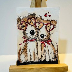 Cute Dog Couple Heart Glasses ACEO Original Watercolor Painting Folk Art OOAK