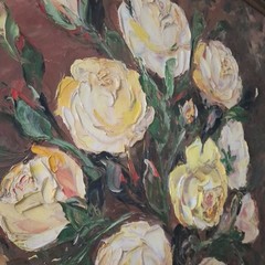 Framed Still Life Floral Painting – Yellow & White Roses in Vase 31 / 43 inches.